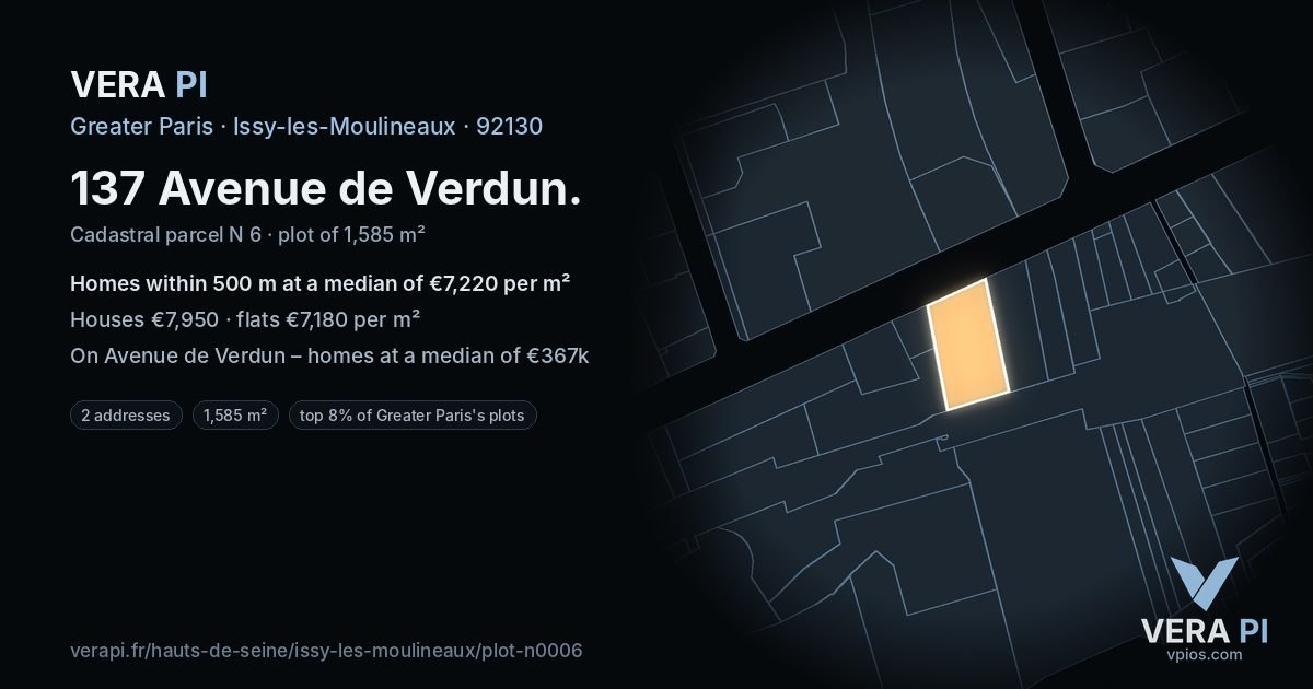 137 Avenue de Verdun, Issy-les-Moulineaux at night – the plot lit, the parcels around coloured by the prices near them