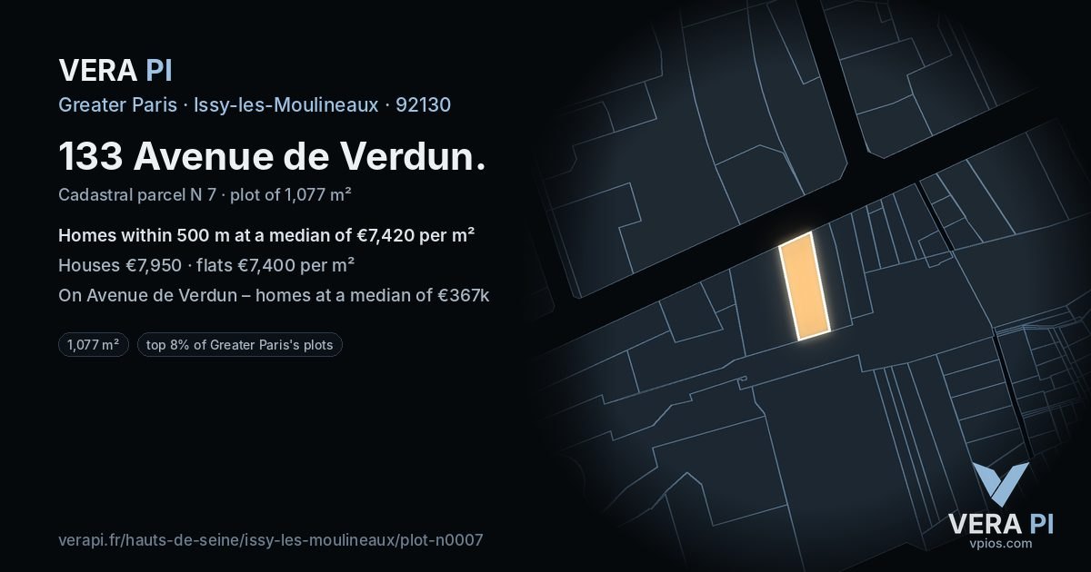 133 Avenue de Verdun, Issy-les-Moulineaux at night – the plot lit, the parcels around coloured by the prices near them