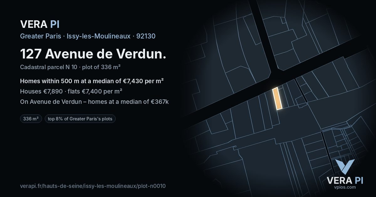 127 Avenue de Verdun, Issy-les-Moulineaux at night – the plot lit, the parcels around coloured by the prices near them