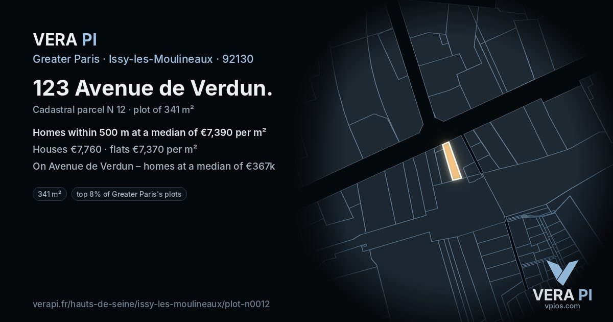 123 Avenue de Verdun, Issy-les-Moulineaux at night – the plot lit, the parcels around coloured by the prices near them