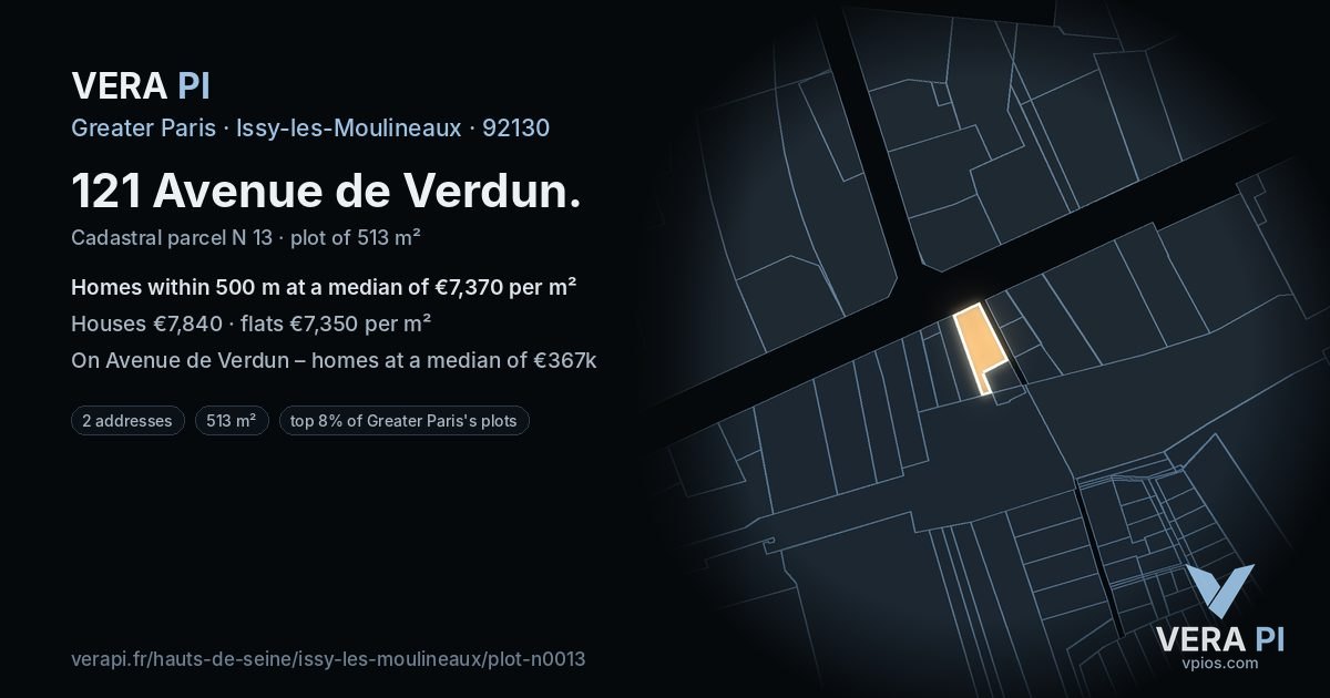 121 Avenue de Verdun, Issy-les-Moulineaux at night – the plot lit, the parcels around coloured by the prices near them