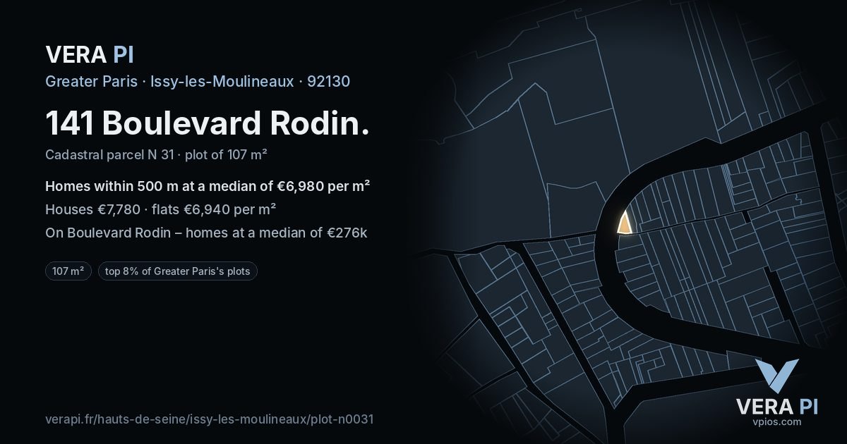 141 Boulevard Rodin, Issy-les-Moulineaux at night – the plot lit, the parcels around coloured by the prices near them