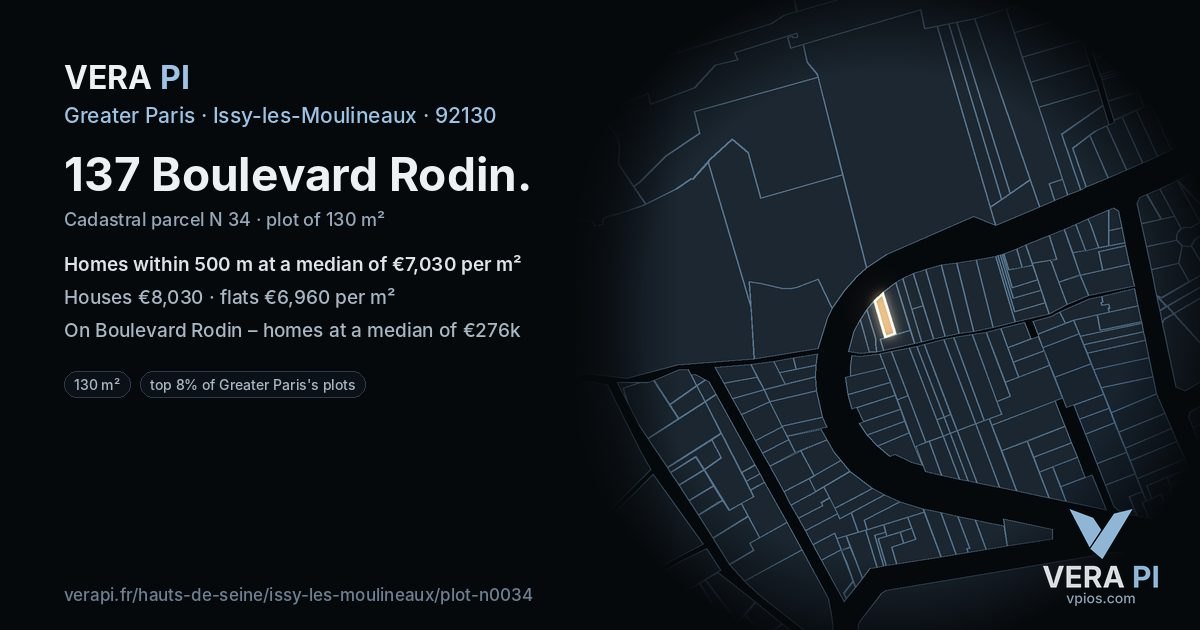 137 Boulevard Rodin, Issy-les-Moulineaux at night – the plot lit, the parcels around coloured by the prices near them