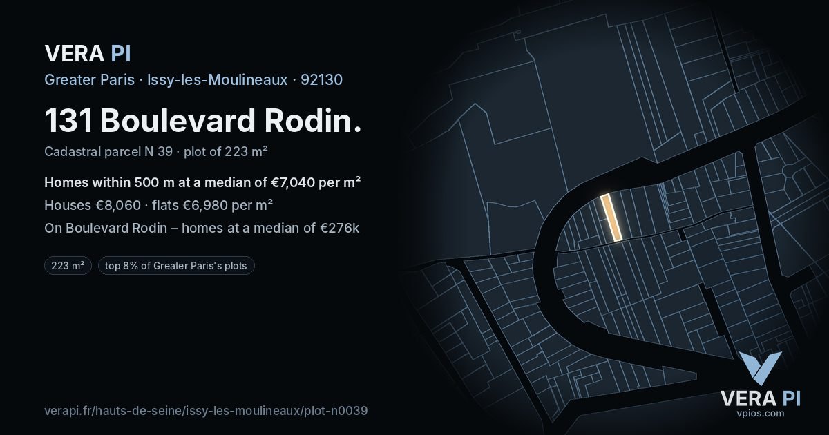 131 Boulevard Rodin, Issy-les-Moulineaux at night – the plot lit, the parcels around coloured by the prices near them