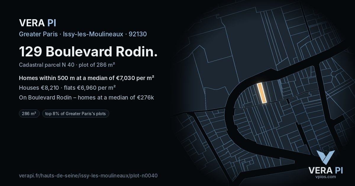 129 Boulevard Rodin, Issy-les-Moulineaux at night – the plot lit, the parcels around coloured by the prices near them