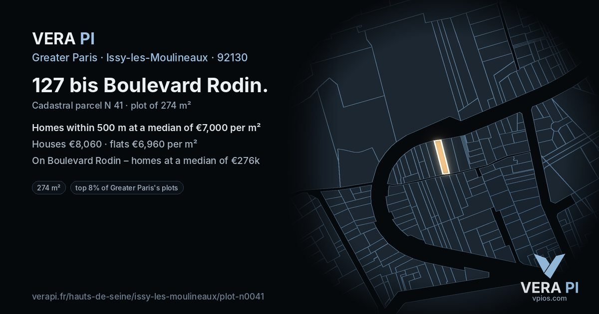 127 bis Boulevard Rodin, Issy-les-Moulineaux at night – the plot lit, the parcels around coloured by the prices near them