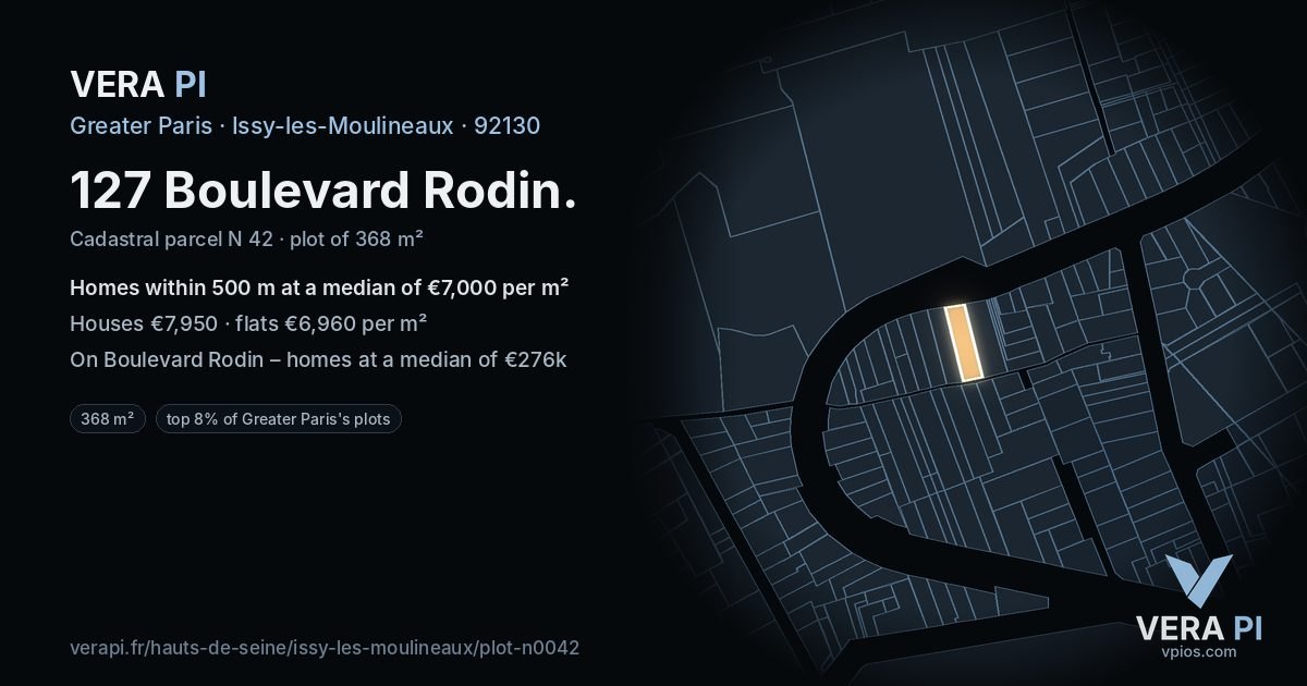 127 Boulevard Rodin, Issy-les-Moulineaux at night – the plot lit, the parcels around coloured by the prices near them