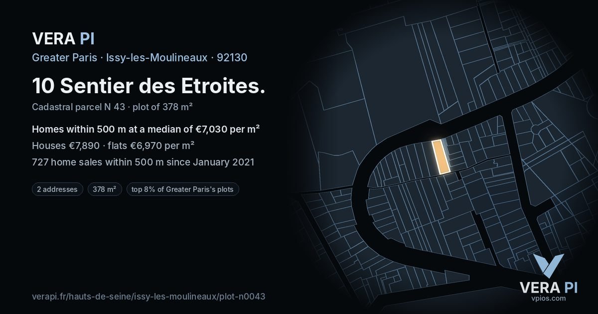 10 Sentier des Etroites, Issy-les-Moulineaux at night – the plot lit, the parcels around coloured by the prices near them