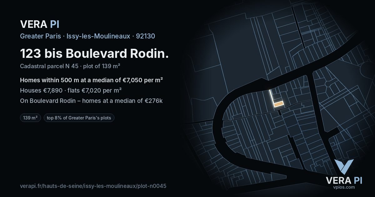 123 bis Boulevard Rodin, Issy-les-Moulineaux at night – the plot lit, the parcels around coloured by the prices near them