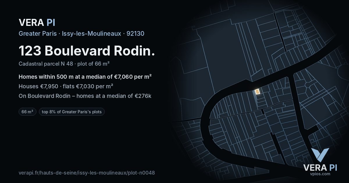 123 Boulevard Rodin, Issy-les-Moulineaux at night – the plot lit, the parcels around coloured by the prices near them