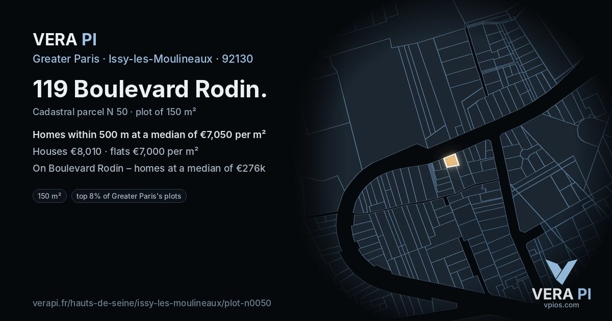 119 Boulevard Rodin, Issy-les-Moulineaux at night – the plot lit, the parcels around coloured by the prices near them