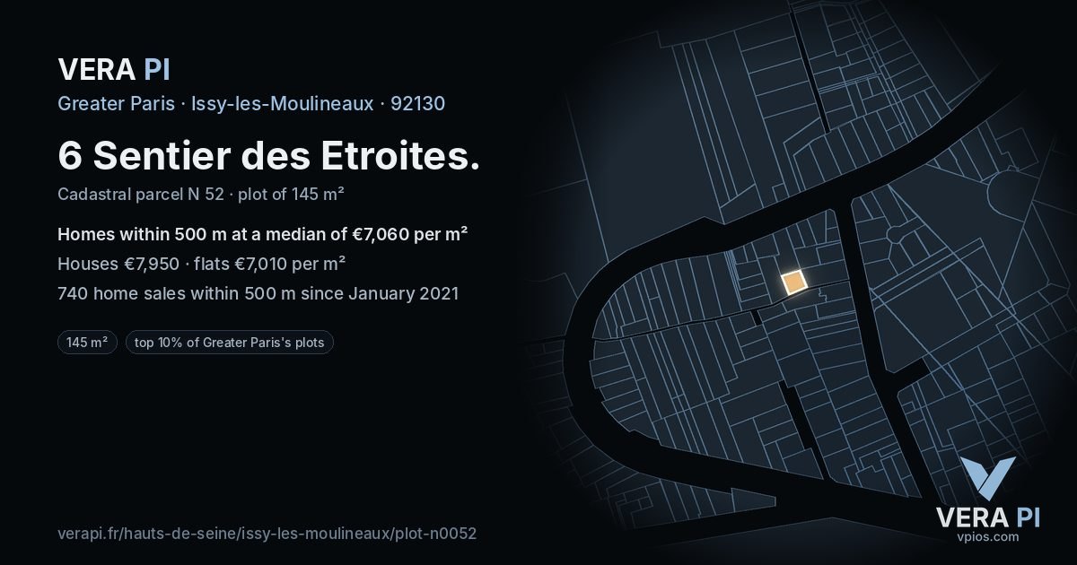 6 Sentier des Etroites, Issy-les-Moulineaux at night – the plot lit, the parcels around coloured by the prices near them