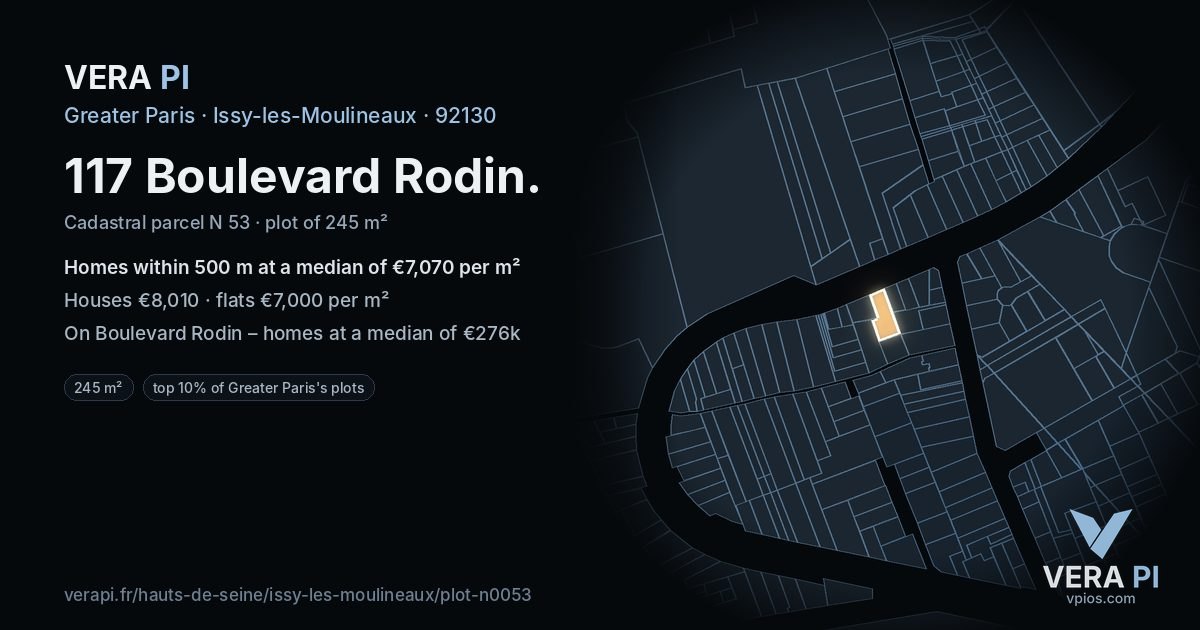 117 Boulevard Rodin, Issy-les-Moulineaux at night – the plot lit, the parcels around coloured by the prices near them
