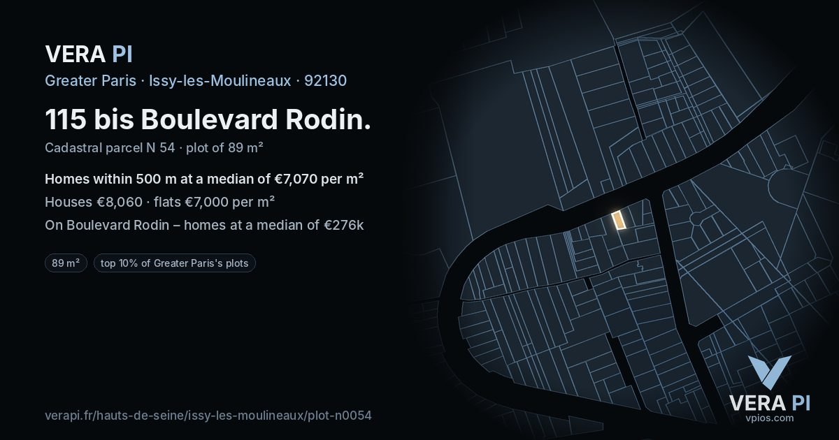 115 bis Boulevard Rodin, Issy-les-Moulineaux at night – the plot lit, the parcels around coloured by the prices near them
