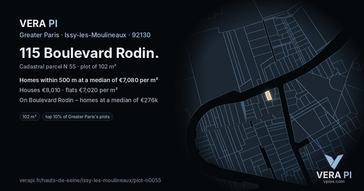 115 Boulevard Rodin, Issy-les-Moulineaux at night – the plot lit, the parcels around coloured by the prices near them