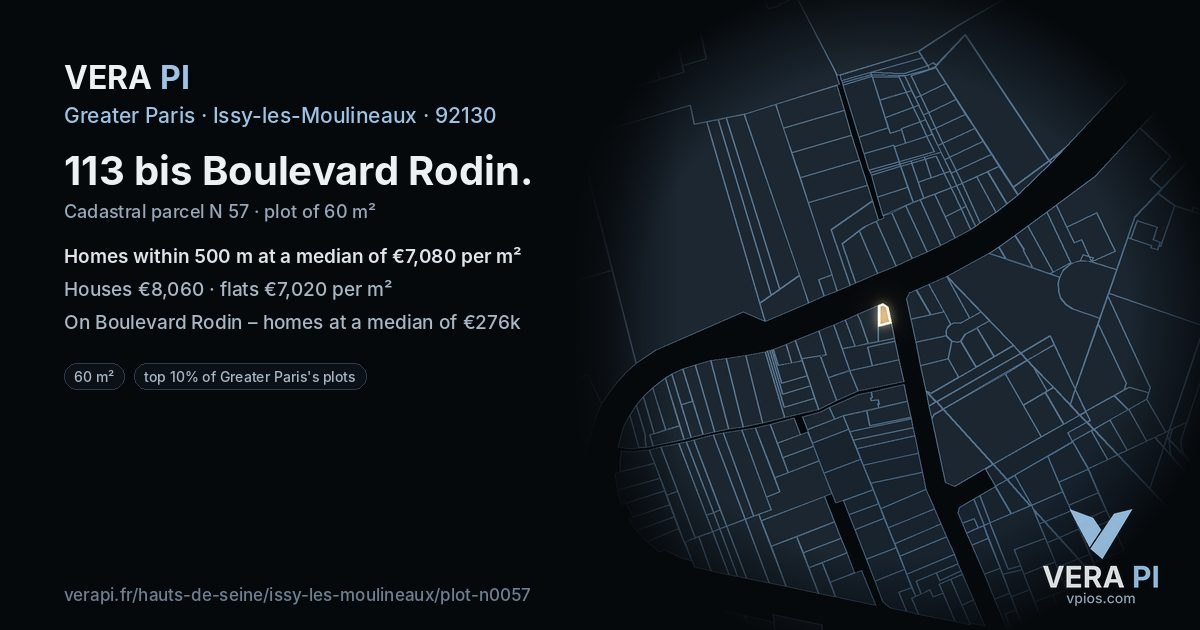 113 bis Boulevard Rodin, Issy-les-Moulineaux at night – the plot lit, the parcels around coloured by the prices near them