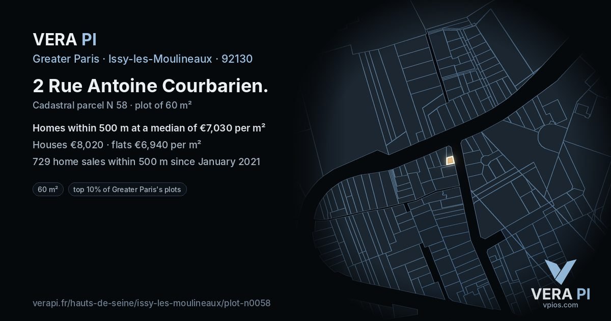 2 Rue Antoine Courbarien, Issy-les-Moulineaux at night – the plot lit, the parcels around coloured by the prices near them