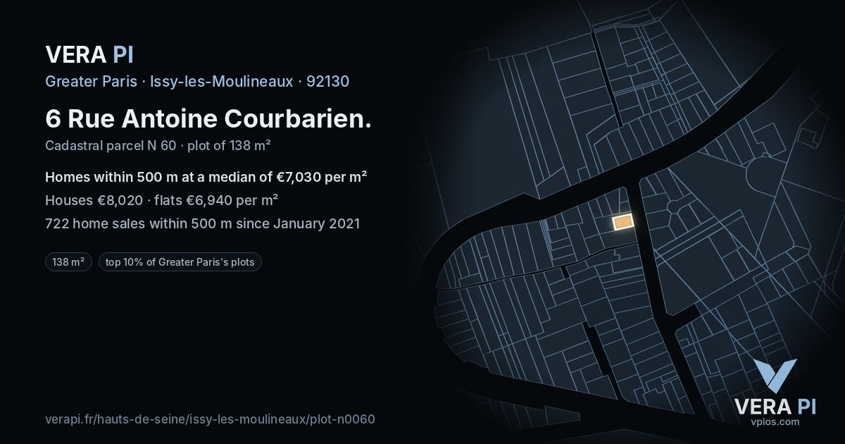 6 Rue Antoine Courbarien, Issy-les-Moulineaux at night – the plot lit, the parcels around coloured by the prices near them