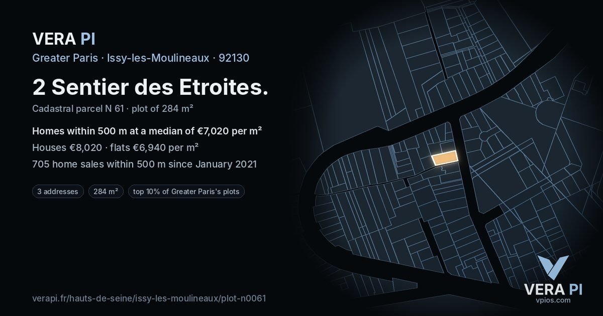 2 Sentier des Etroites, Issy-les-Moulineaux at night – the plot lit, the parcels around coloured by the prices near them