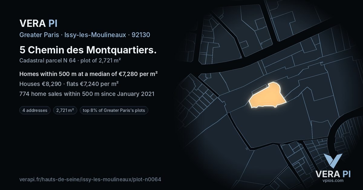 5 Chemin des Montquartiers, Issy-les-Moulineaux at night – the plot lit, the parcels around coloured by the prices near them
