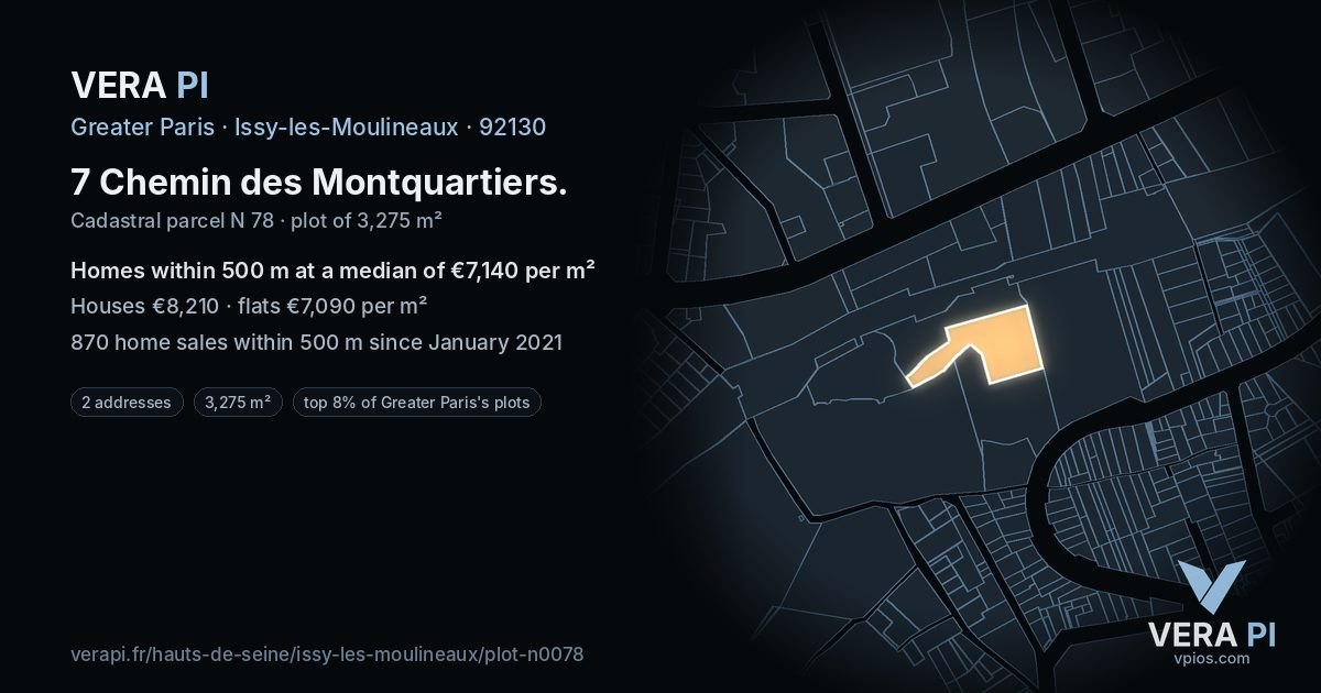 7 Chemin des Montquartiers, Issy-les-Moulineaux at night – the plot lit, the parcels around coloured by the prices near them