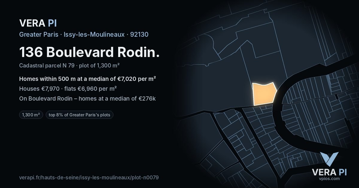 136 Boulevard Rodin, Issy-les-Moulineaux at night – the plot lit, the parcels around coloured by the prices near them