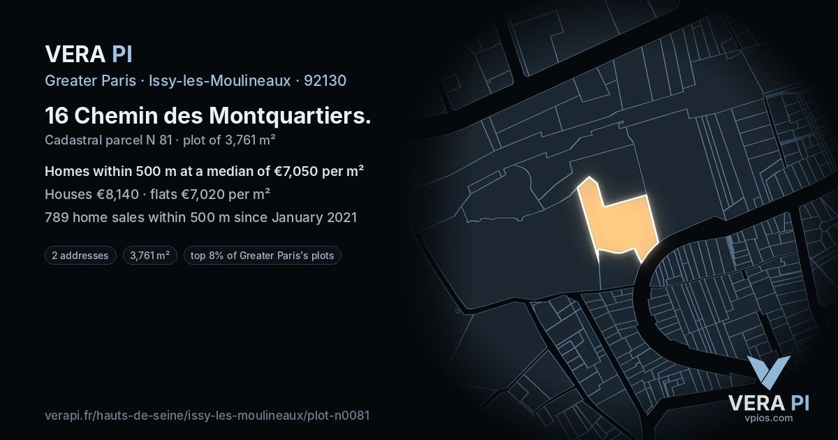 16 Chemin des Montquartiers, Issy-les-Moulineaux at night – the plot lit, the parcels around coloured by the prices near them