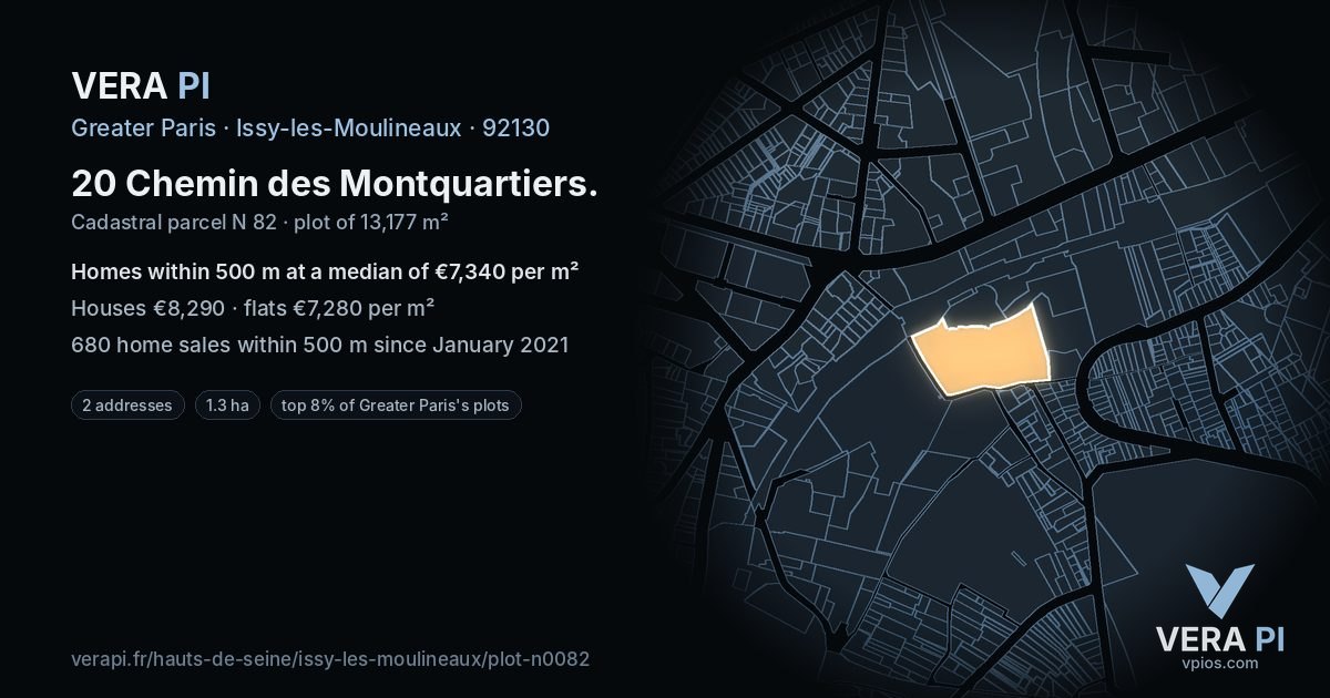 20 Chemin des Montquartiers, Issy-les-Moulineaux at night – the plot lit, the parcels around coloured by the prices near them
