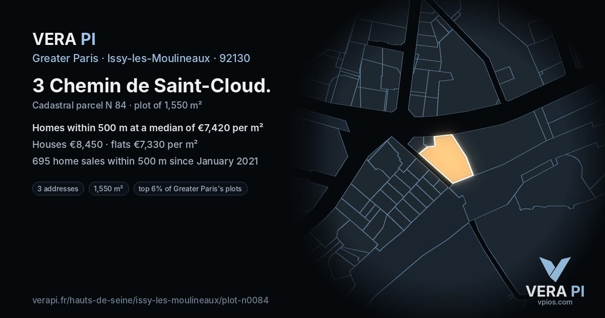 3 Chemin de Saint-Cloud, Issy-les-Moulineaux at night – the plot lit, the parcels around coloured by the prices near them