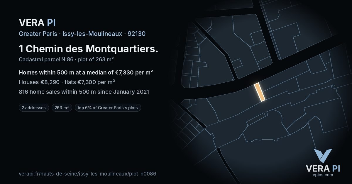 1 Chemin des Montquartiers, Issy-les-Moulineaux at night – the plot lit, the parcels around coloured by the prices near them