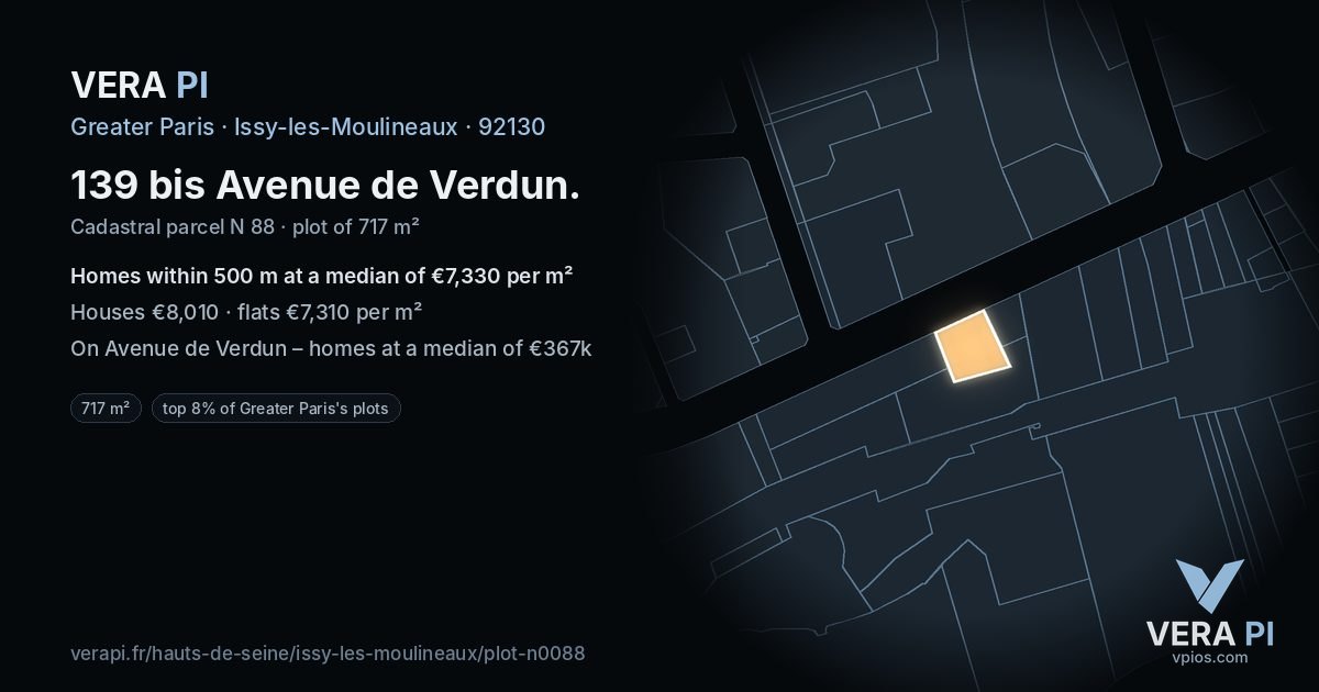 139 bis Avenue de Verdun, Issy-les-Moulineaux at night – the plot lit, the parcels around coloured by the prices near them