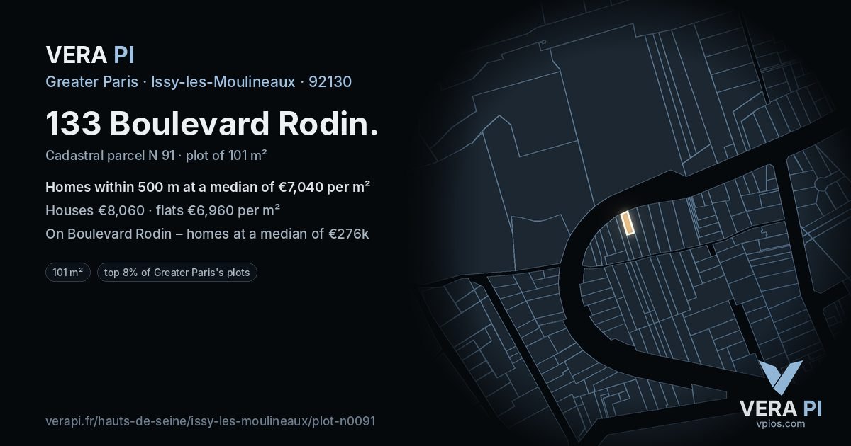 133 Boulevard Rodin, Issy-les-Moulineaux at night – the plot lit, the parcels around coloured by the prices near them