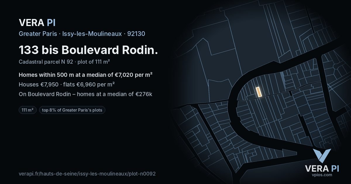 133 bis Boulevard Rodin, Issy-les-Moulineaux at night – the plot lit, the parcels around coloured by the prices near them