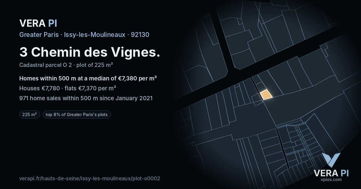 3 Chemin des Vignes, Issy-les-Moulineaux at night – the plot lit, the parcels around coloured by the prices near them
