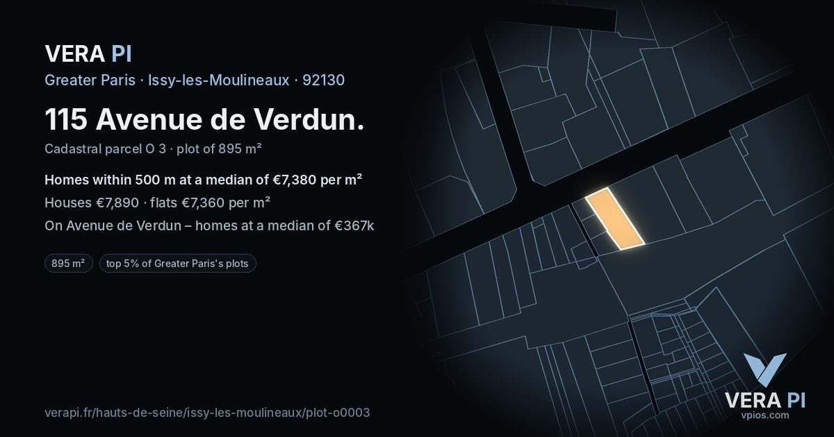 115 Avenue de Verdun, Issy-les-Moulineaux at night – the plot lit, the parcels around coloured by the prices near them