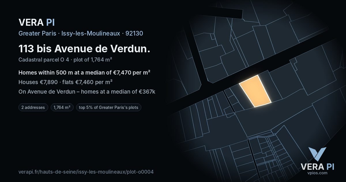 113 bis Avenue de Verdun, Issy-les-Moulineaux at night – the plot lit, the parcels around coloured by the prices near them