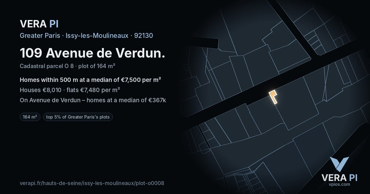 109 Avenue de Verdun, Issy-les-Moulineaux at night – the plot lit, the parcels around coloured by the prices near them