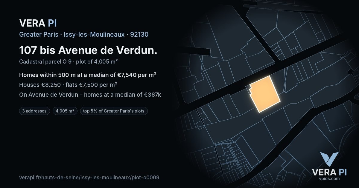 107 bis Avenue de Verdun, Issy-les-Moulineaux at night – the plot lit, the parcels around coloured by the prices near them