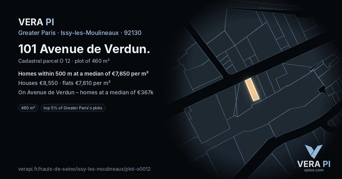 101 Avenue de Verdun, Issy-les-Moulineaux at night – the plot lit, the parcels around coloured by the prices near them
