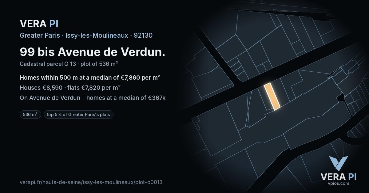 99 bis Avenue de Verdun, Issy-les-Moulineaux at night – the plot lit, the parcels around coloured by the prices near them
