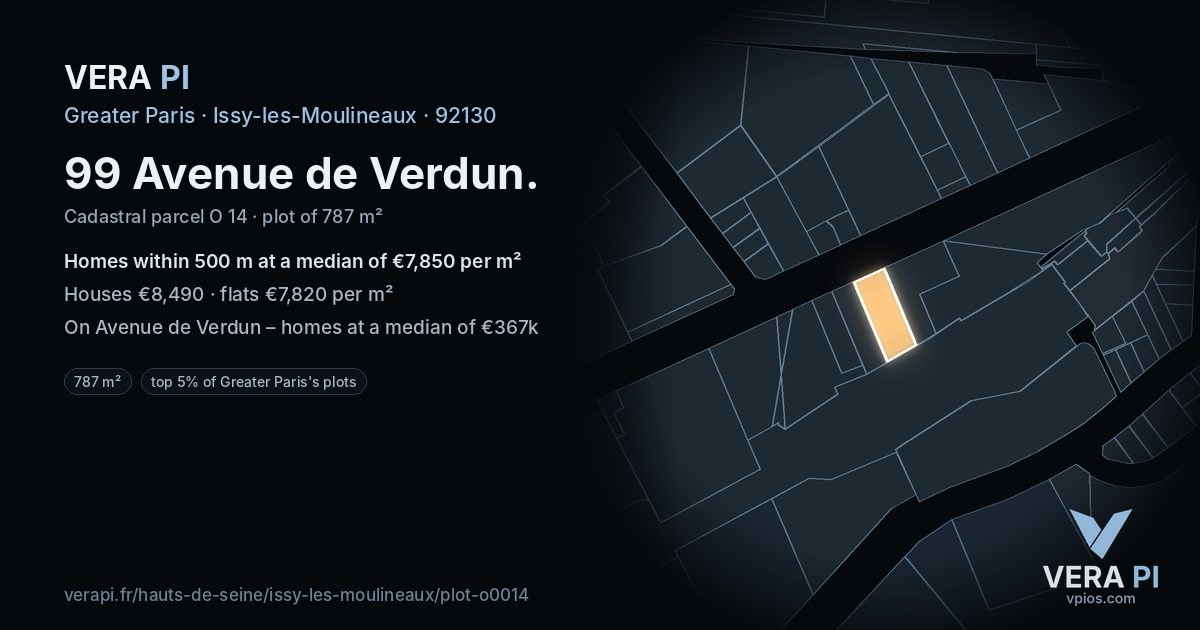 99 Avenue de Verdun, Issy-les-Moulineaux at night – the plot lit, the parcels around coloured by the prices near them