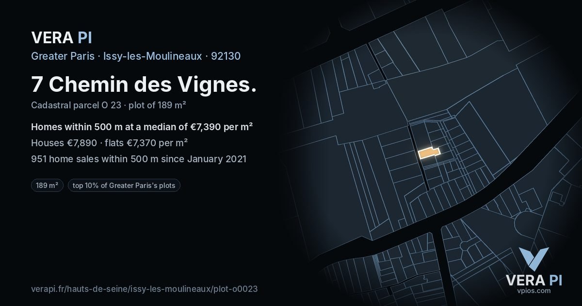 7 Chemin des Vignes, Issy-les-Moulineaux at night – the plot lit, the parcels around coloured by the prices near them