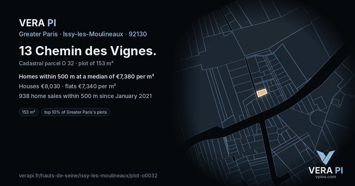 13 Chemin des Vignes, Issy-les-Moulineaux at night – the plot lit, the parcels around coloured by the prices near them