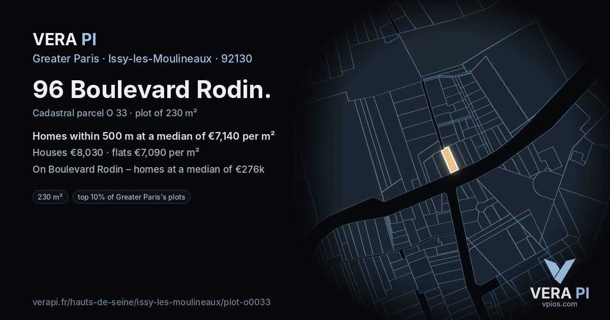 96 Boulevard Rodin, Issy-les-Moulineaux at night – the plot lit, the parcels around coloured by the prices near them