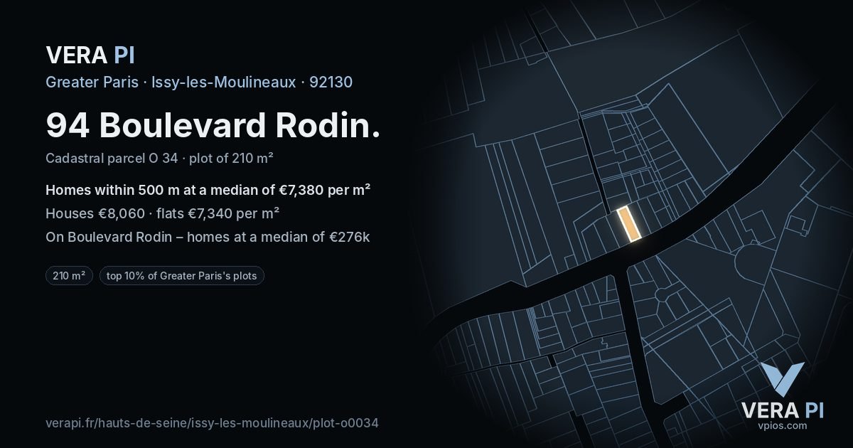 94 Boulevard Rodin, Issy-les-Moulineaux at night – the plot lit, the parcels around coloured by the prices near them