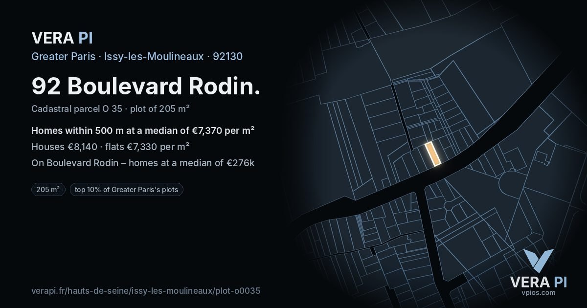 92 Boulevard Rodin, Issy-les-Moulineaux at night – the plot lit, the parcels around coloured by the prices near them