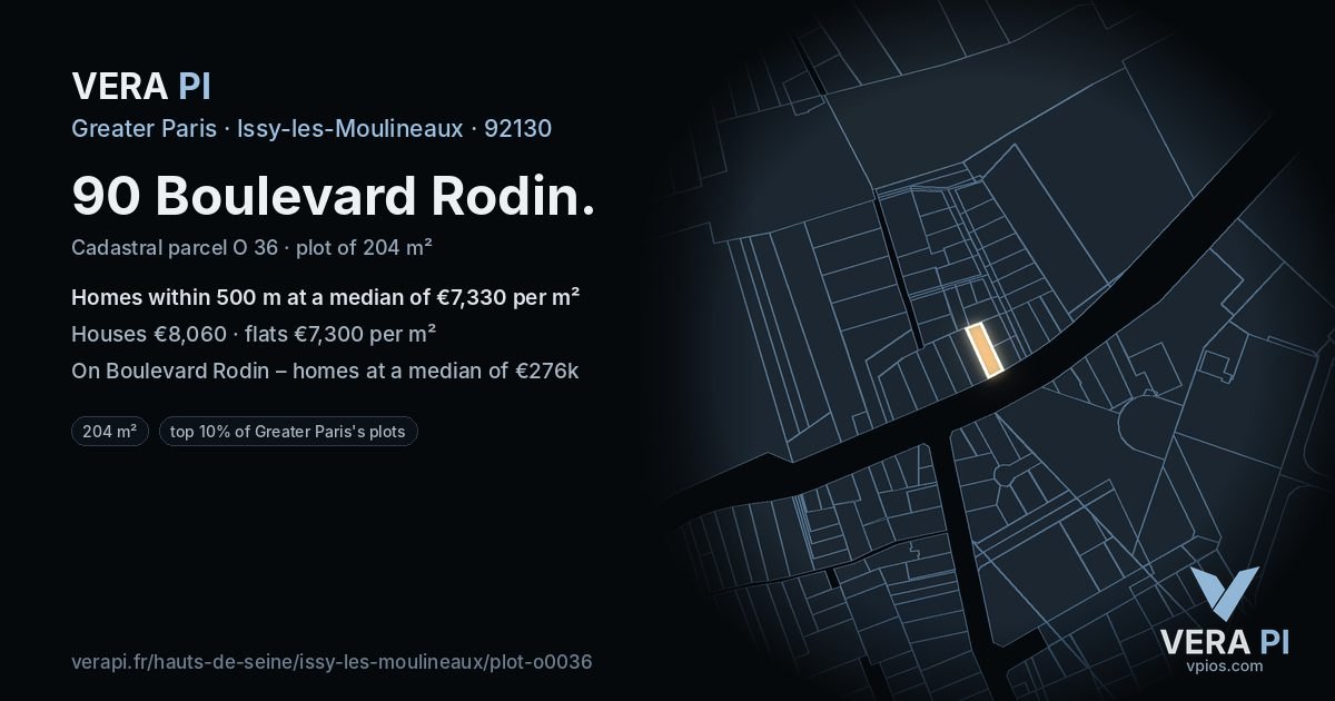 90 Boulevard Rodin, Issy-les-Moulineaux at night – the plot lit, the parcels around coloured by the prices near them