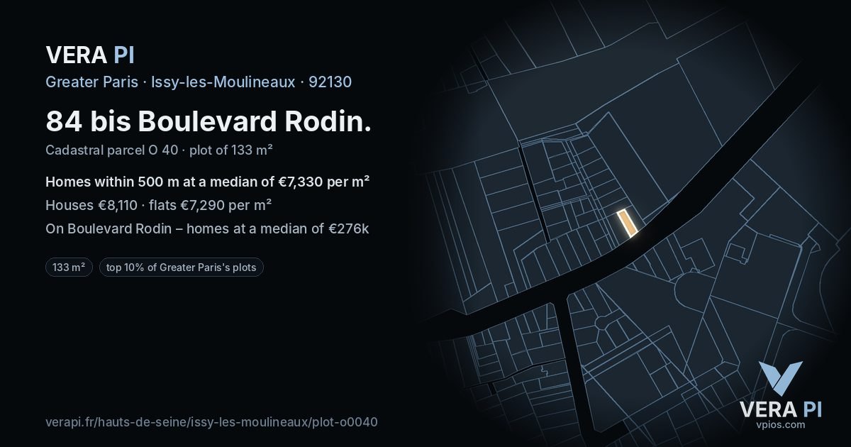 84 bis Boulevard Rodin, Issy-les-Moulineaux at night – the plot lit, the parcels around coloured by the prices near them