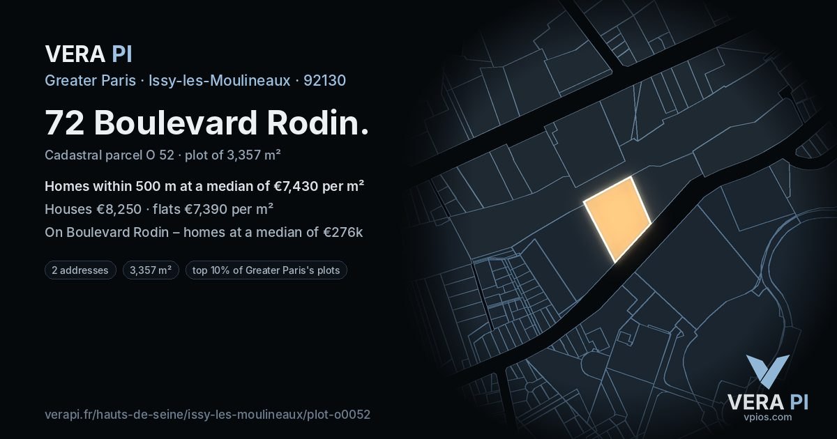 72 Boulevard Rodin, Issy-les-Moulineaux at night – the plot lit, the parcels around coloured by the prices near them