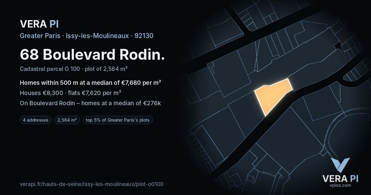 68 Boulevard Rodin, Issy-les-Moulineaux at night – the plot lit, the parcels around coloured by the prices near them